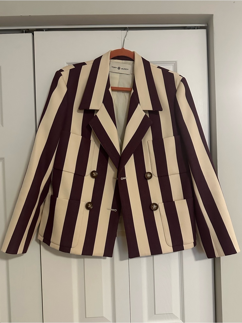 Tory Burch Cream and Deep Purple Striped Double-Breasted Blazer